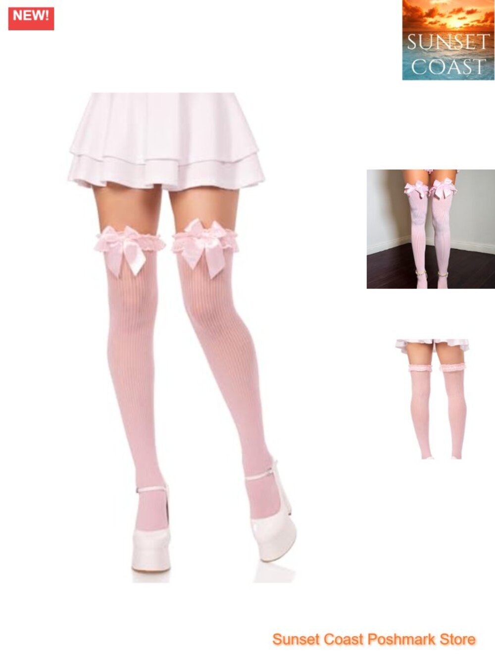 Lace Garter Sheer Striped Thigh Highs Satin Bow Accent